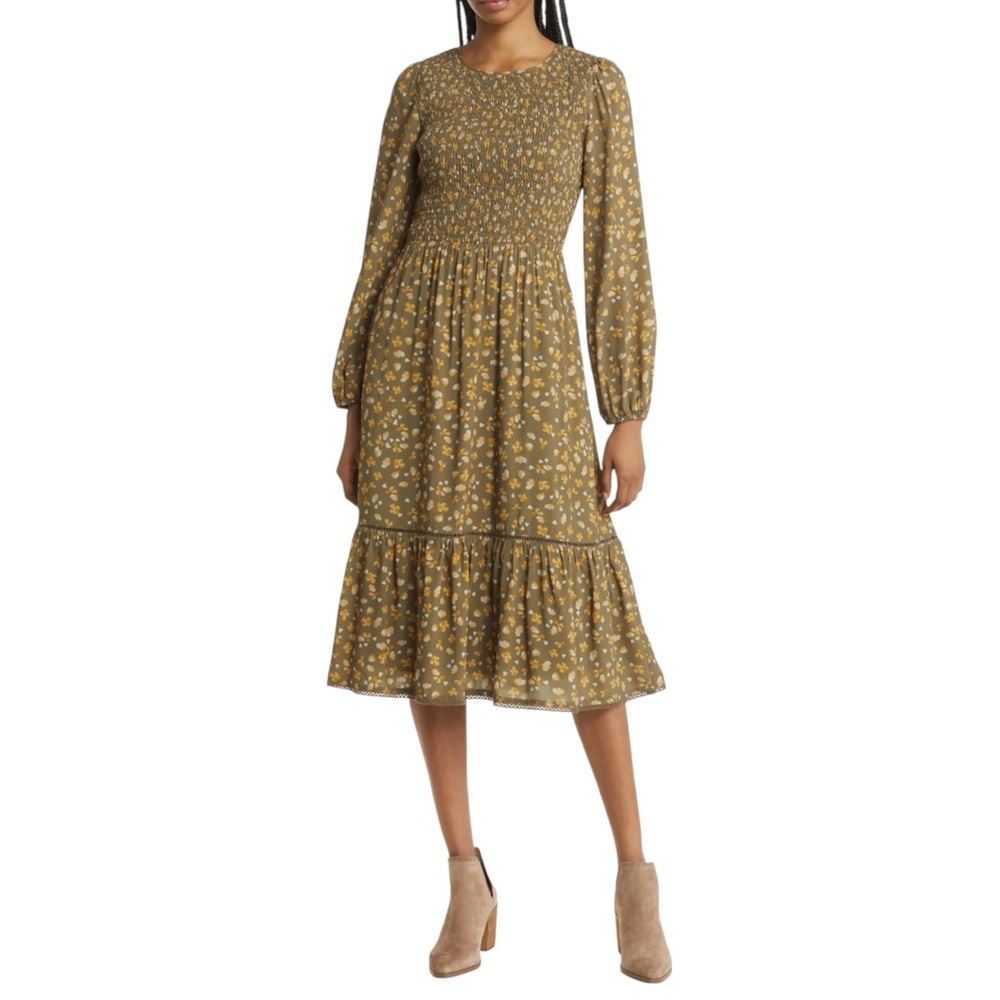 Anthro Lost + Wander Floral Maxi Dress Smocked Cottagecore Green Medium New - Picture 1 of 7